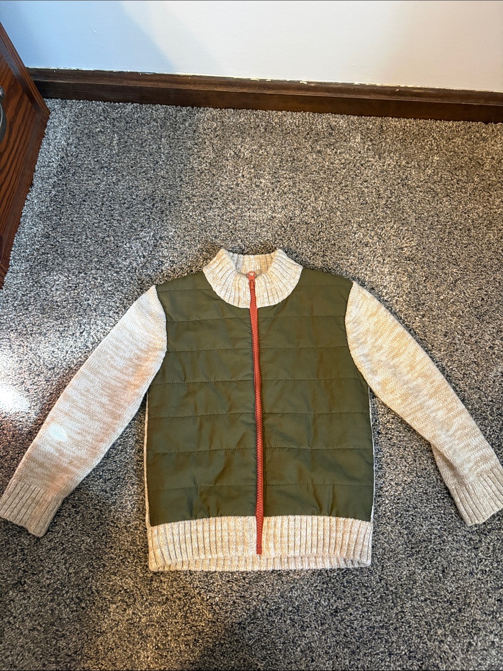 Cat & Jack Olive Green Quilted front Jacket with Cream Knit Sleeves